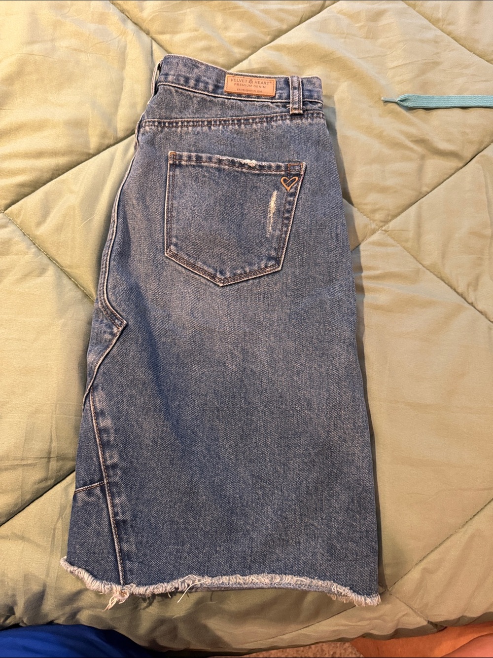 Velvet Heart Denim Midi Skirt in Blue with Frayed Hem